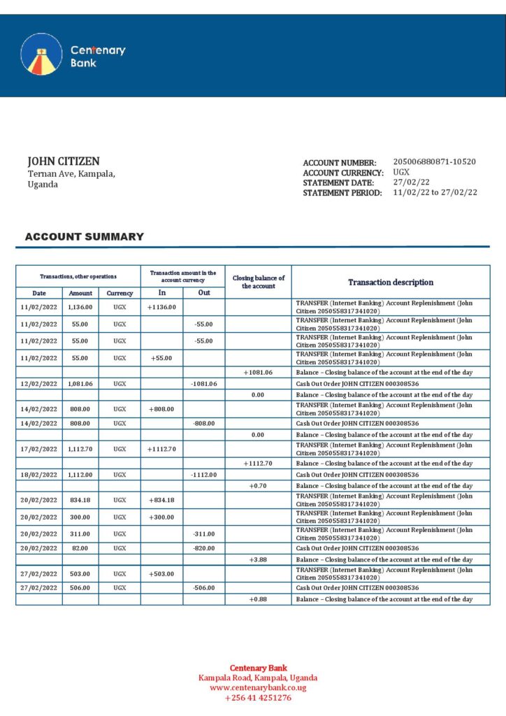Uganda Centenary bank statement template in Word and PDF format