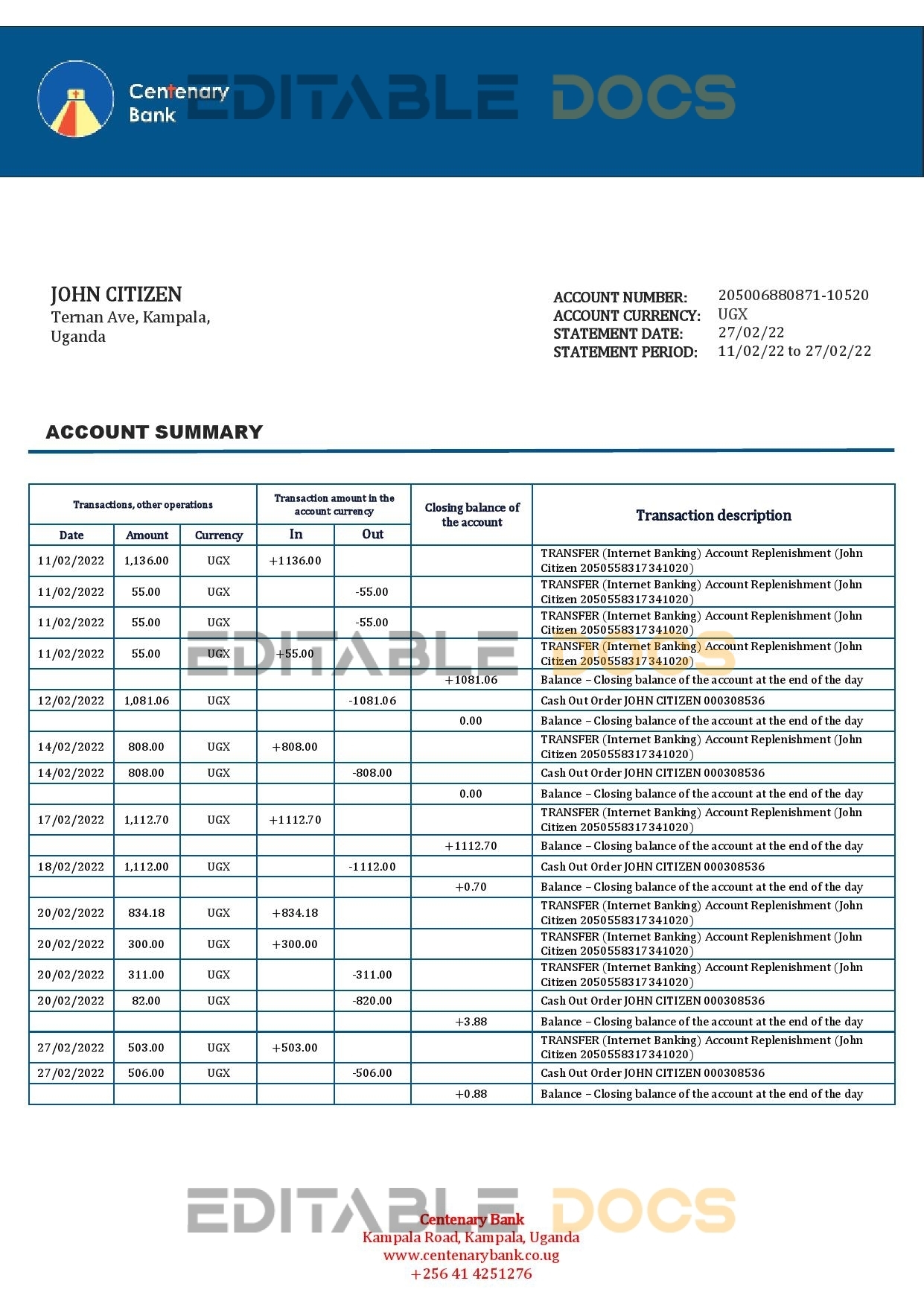 Uganda Centenary bank statement template in Word and PDF format