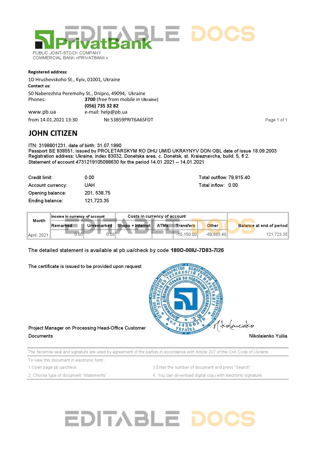 Ukraine Privatbank statement template in Excel and PDF format