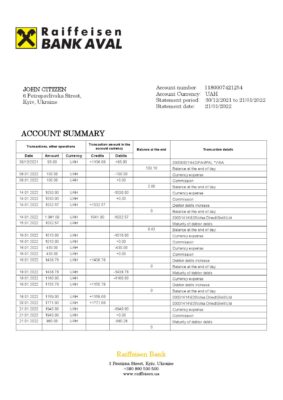 Ukraine Raiffeisen Bank statement template, Word and PDF format (.doc and .pdf)