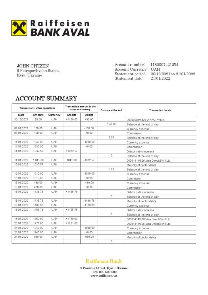 Ukraine Raiffeisen Bank statement template, Word and PDF format (.doc and .pdf)