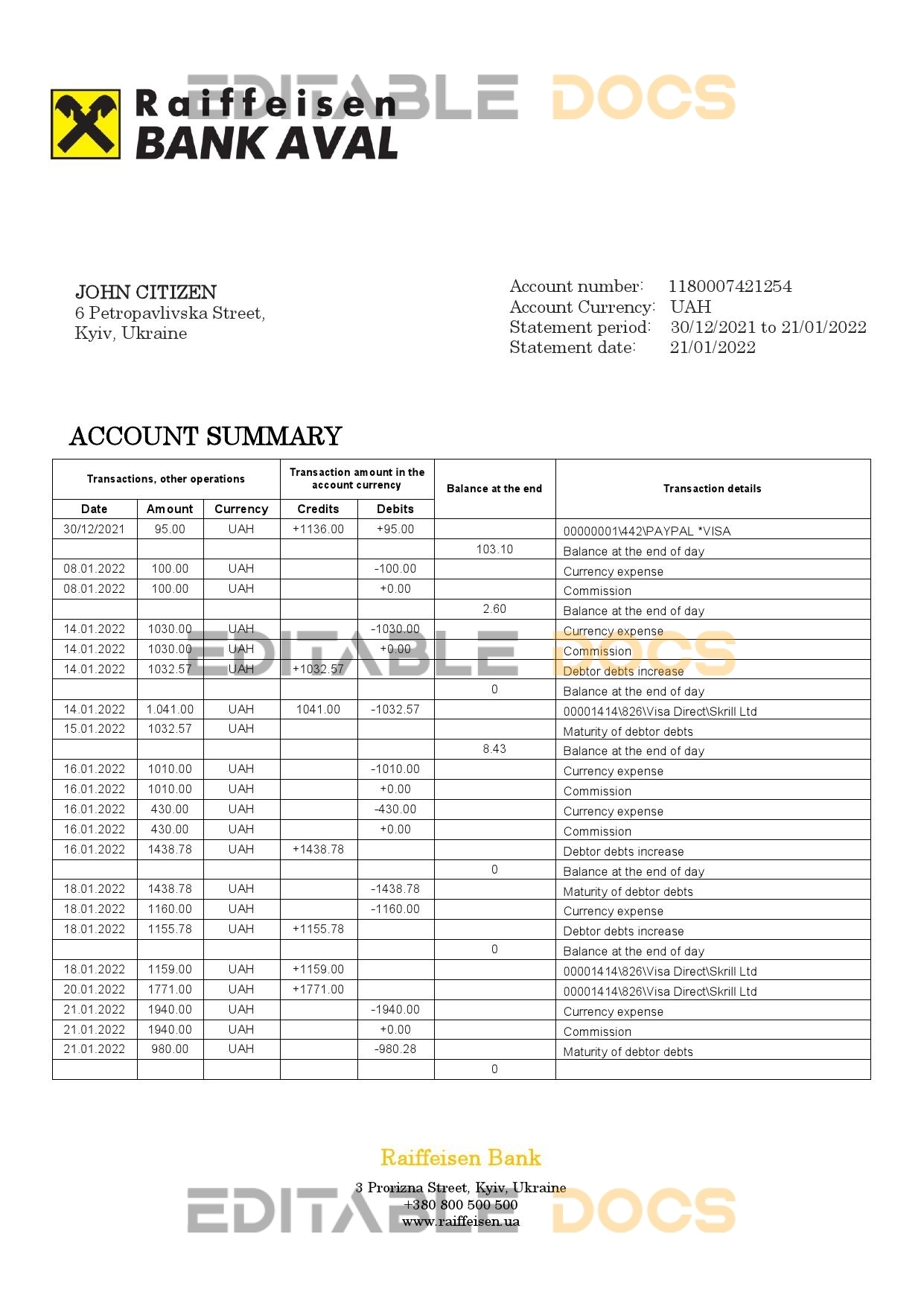 Ukraine Raiffeisen Bank statement template, Word and PDF format (.doc and .pdf)