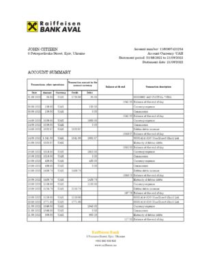 Ukraine Raiffeisen bank statement, Excel and PDF template