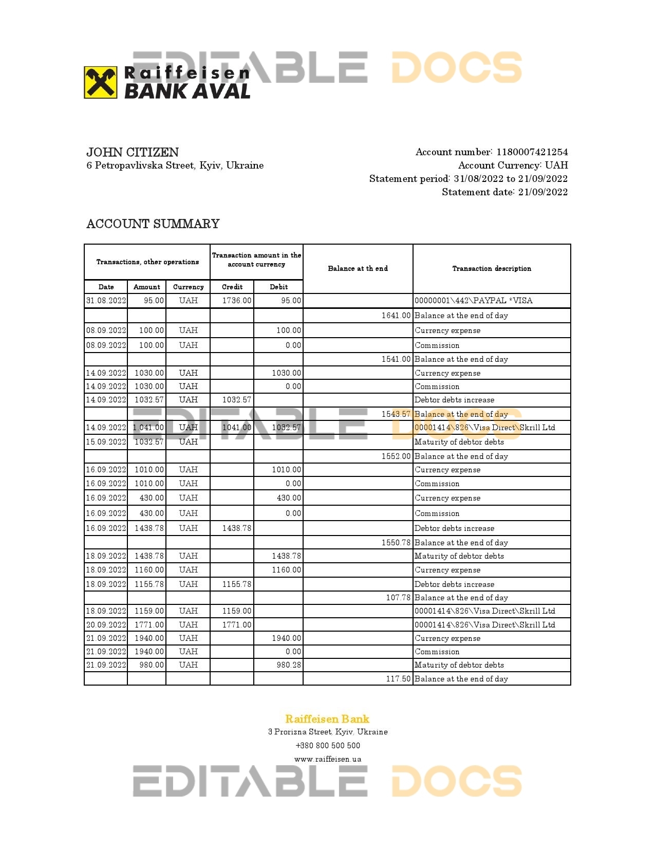 Ukraine Raiffeisen bank statement, Excel and PDF template