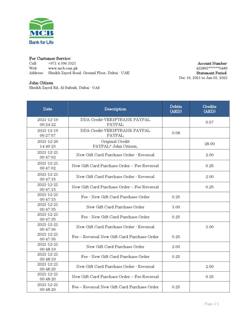 United Arab Emirates MCB bank statement template in Word and PDF format