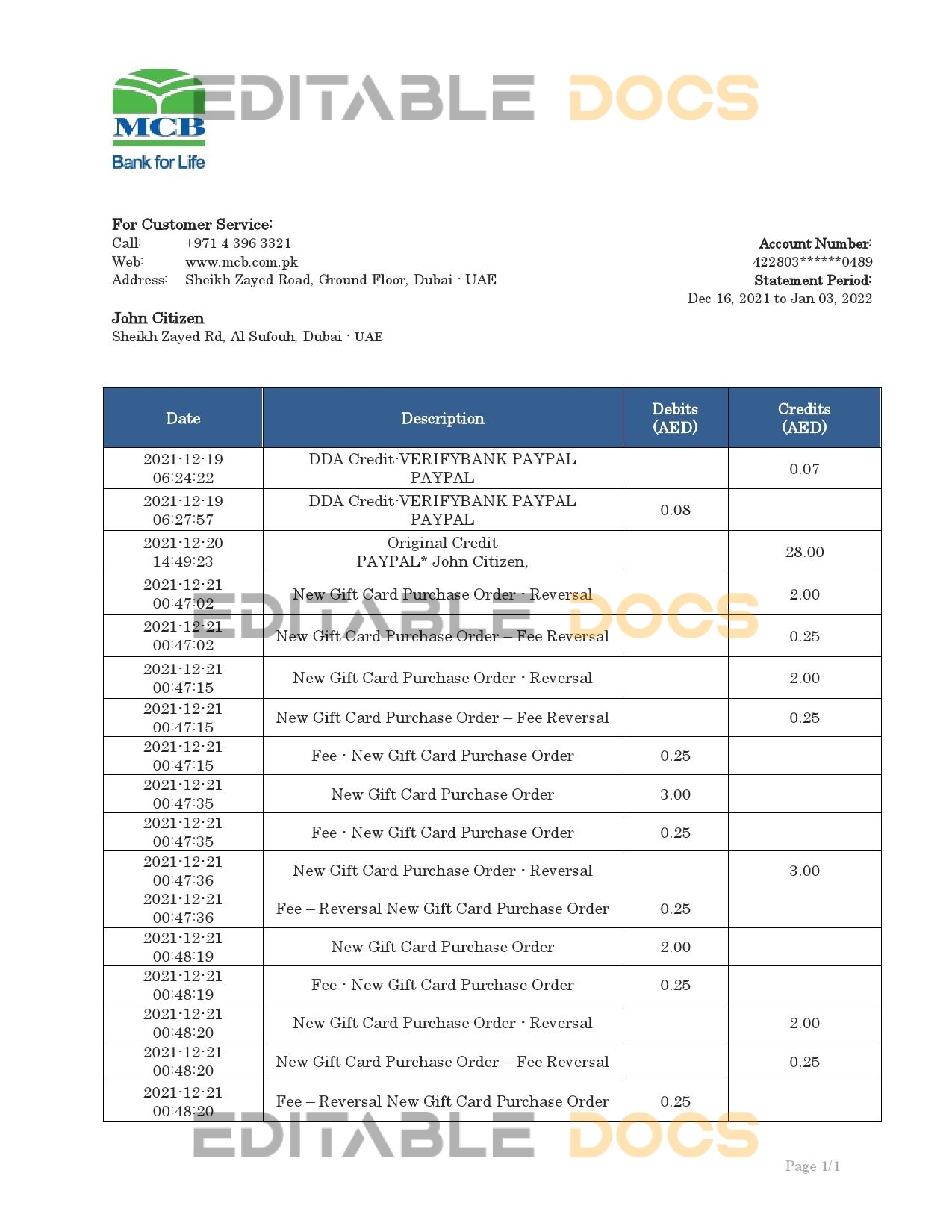 United Arab Emirates MCB bank statement template in Word and PDF format
