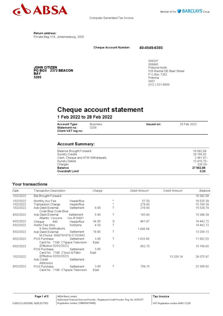 United Kingdom Absa bank statement, Word and PDF template, 2 pages