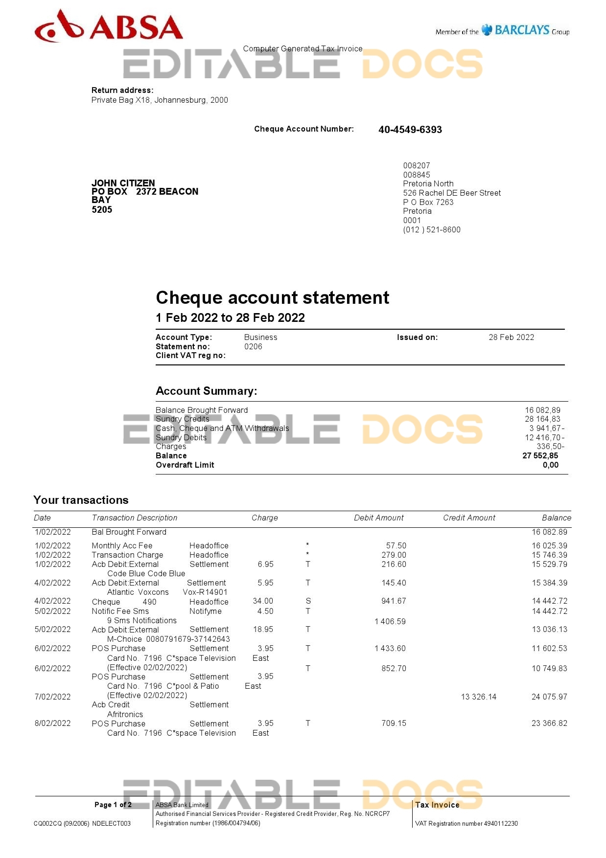 United Kingdom Absa bank statement, Word and PDF template, 2 pages