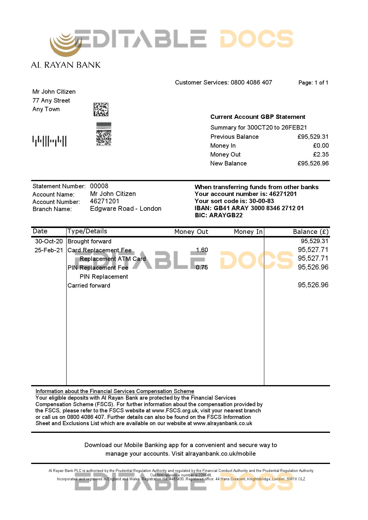 United Kingdom Al Rayan bank statement template in Excel and PDF format