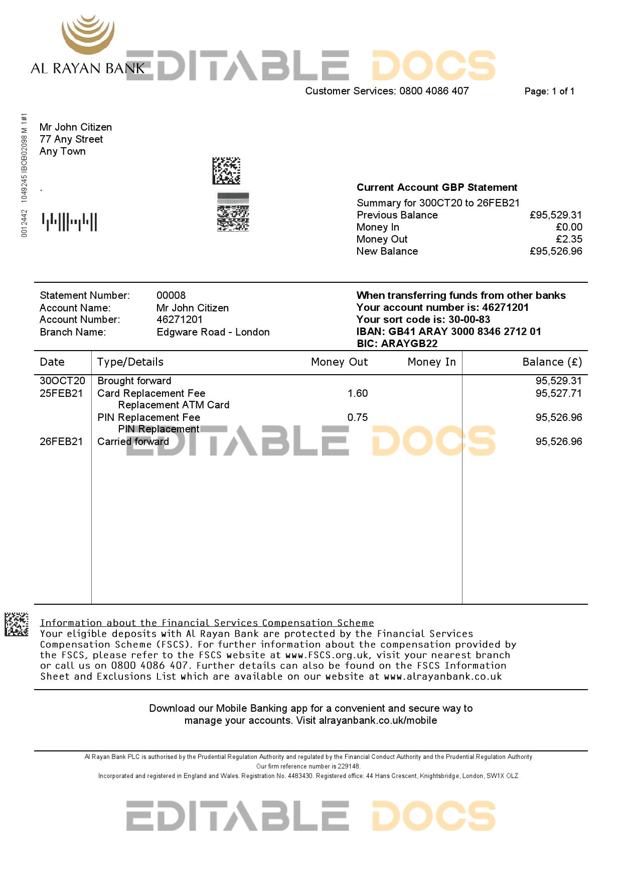 United Kingdom Al Rayan bank statement template in Word and PDF format