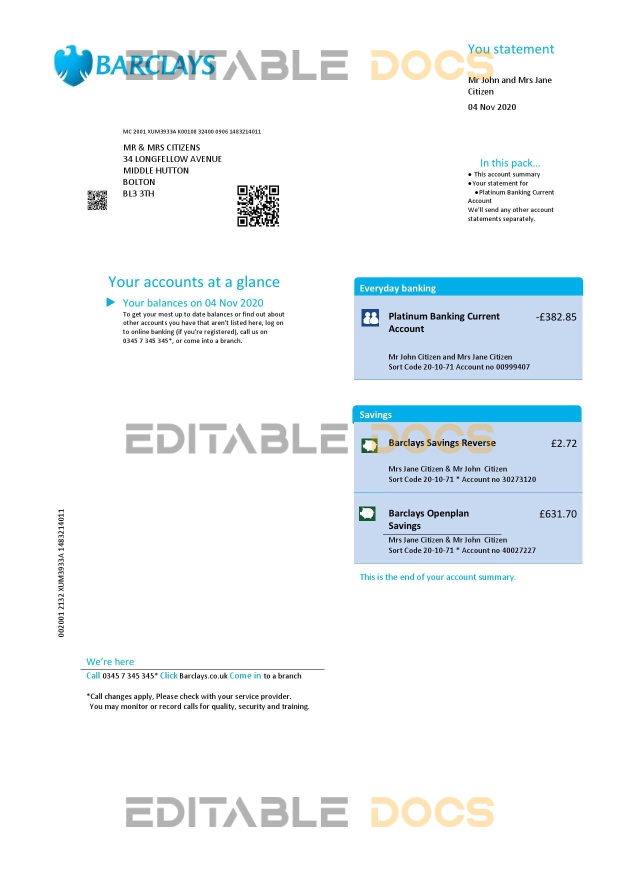 United Kingdom Barclays bank statement template in .doc and .pdf format, version 2