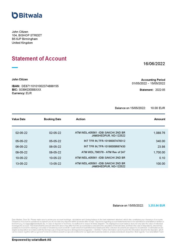 United Kingdom Bitwala bank statement, Word and PDF template