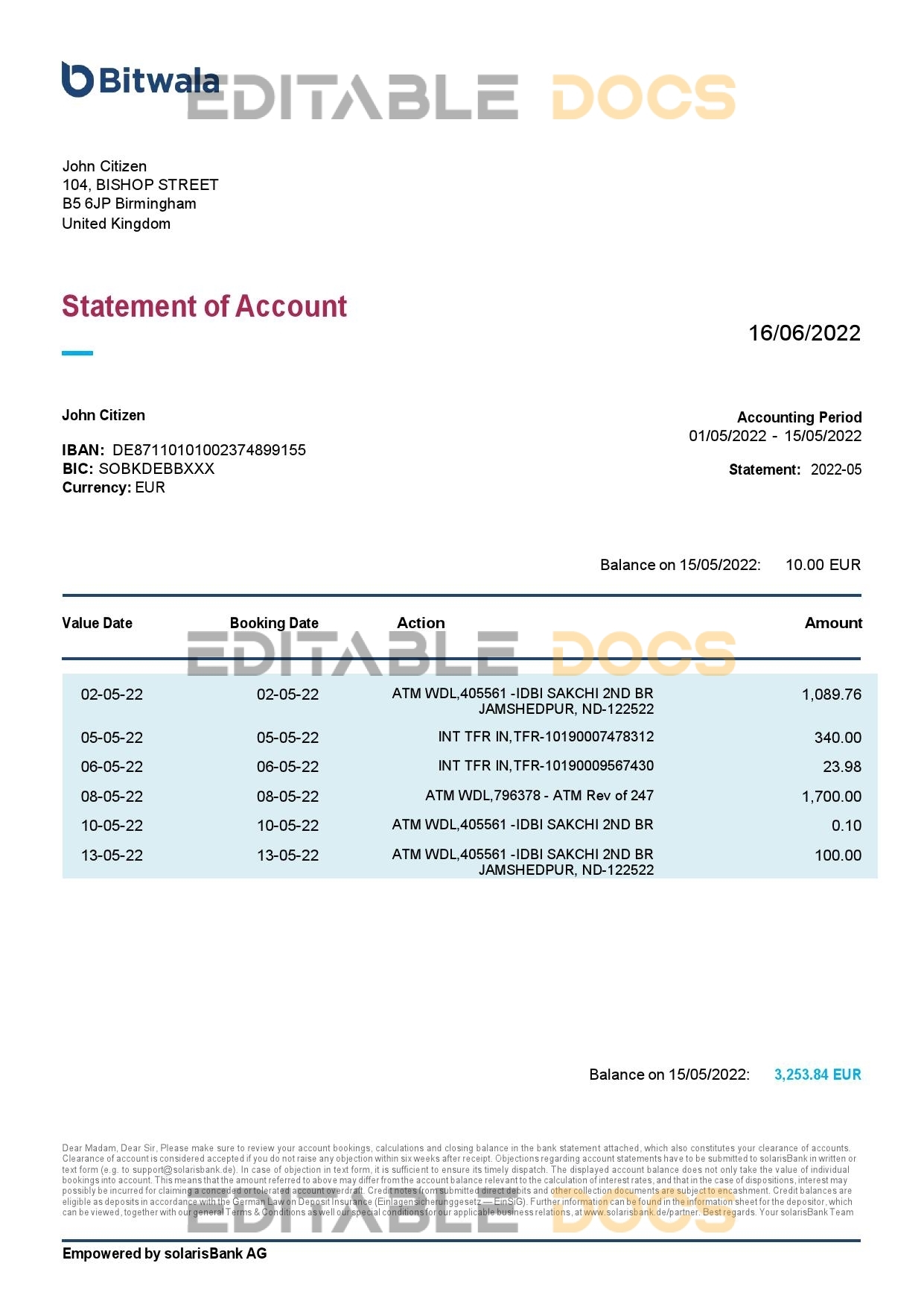 United Kingdom Bitwala bank statement, Word and PDF template