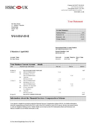 England Editable Templates 3 United Kingdom HSBC bank business account statement Word and PDF template, 3 pages