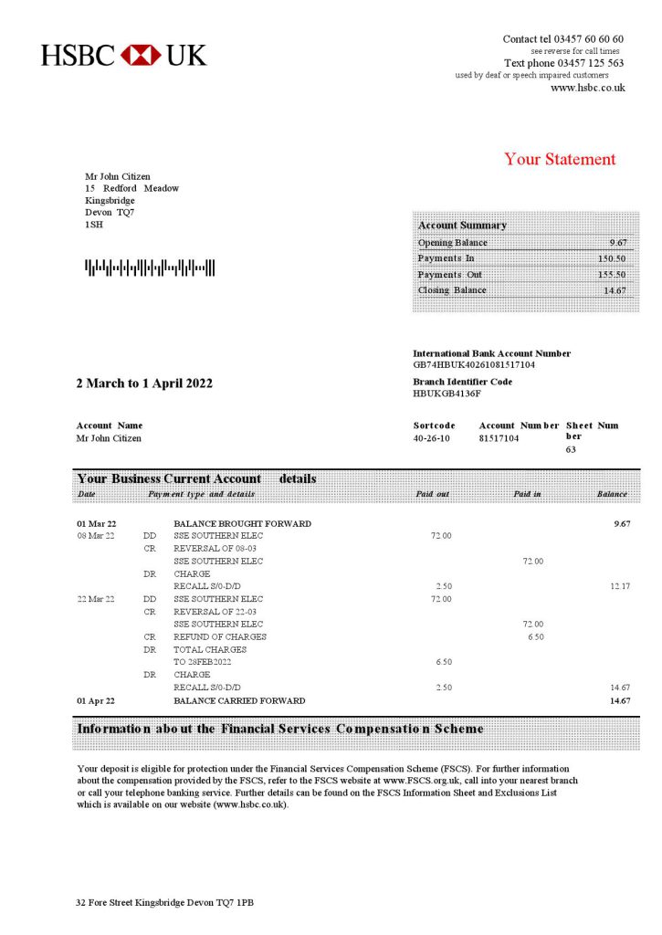 United Kingdom HSBC bank business account statement Word and PDF template, 3 pages
