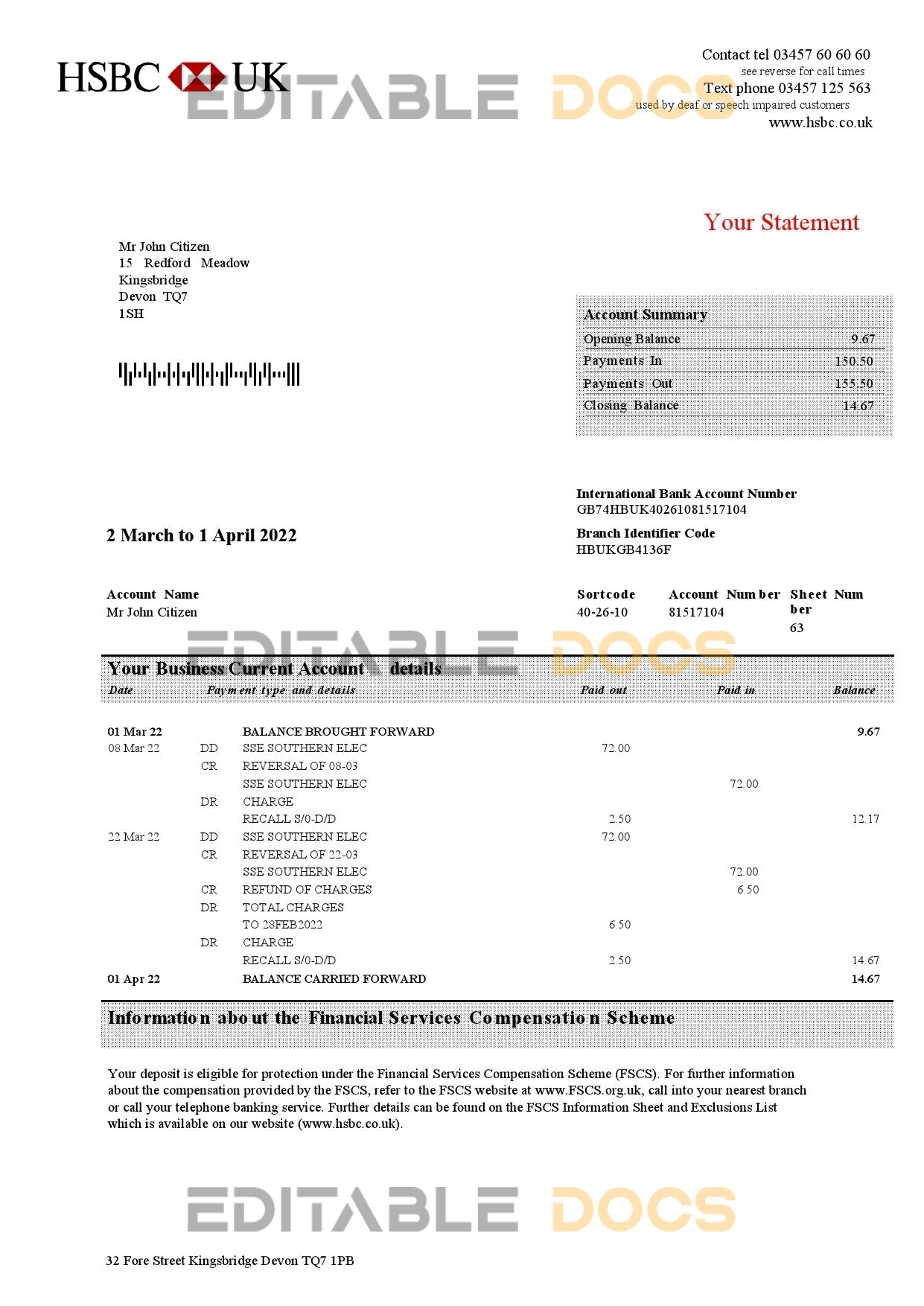 United Kingdom HSBC bank business account statement Word and PDF template, 3 pages