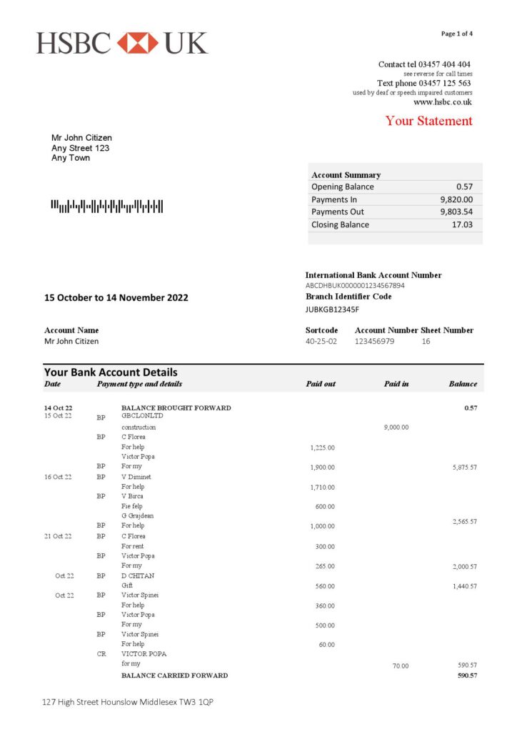 United Kingdom HSBC bank statement, Word and PDF template, 5 pages