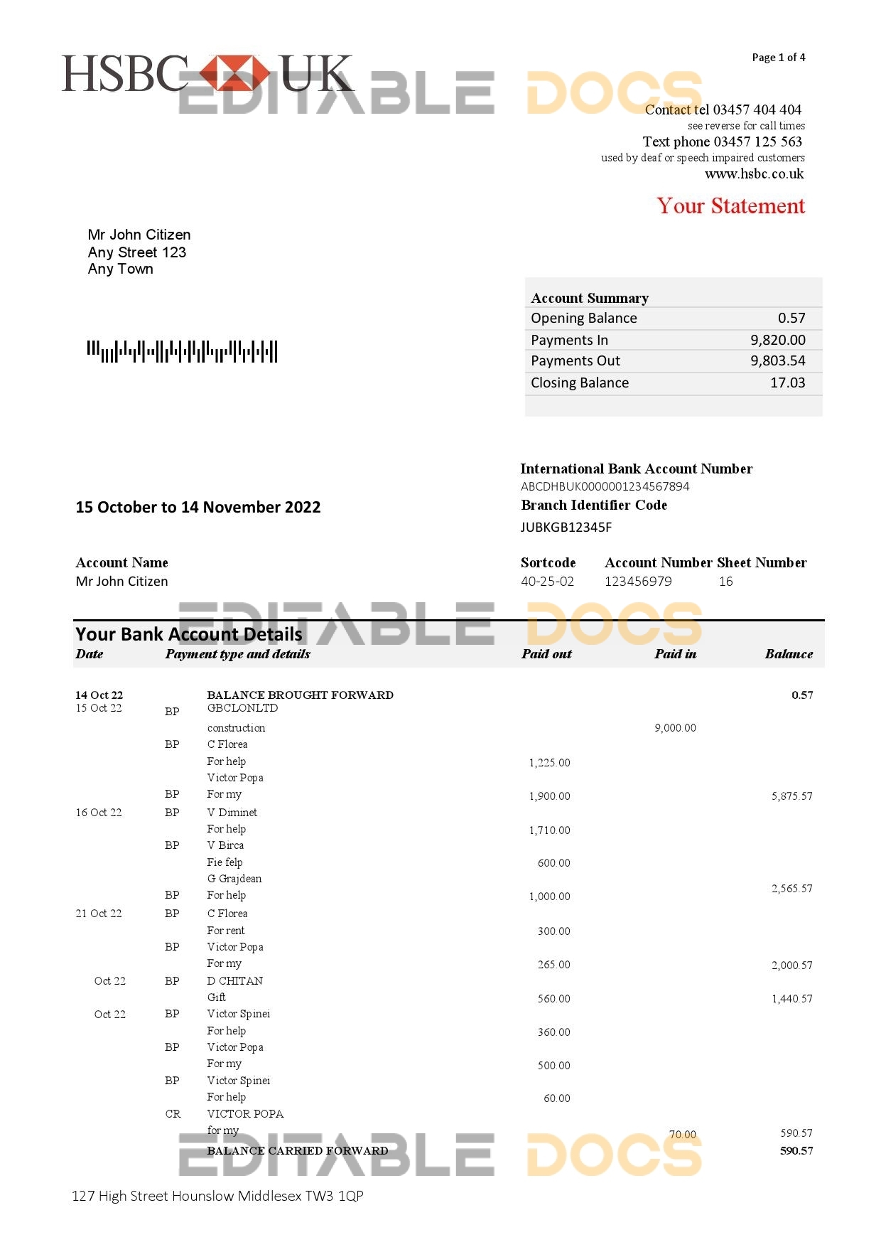 United Kingdom HSBC bank statement, Word and PDF template, 5 pages