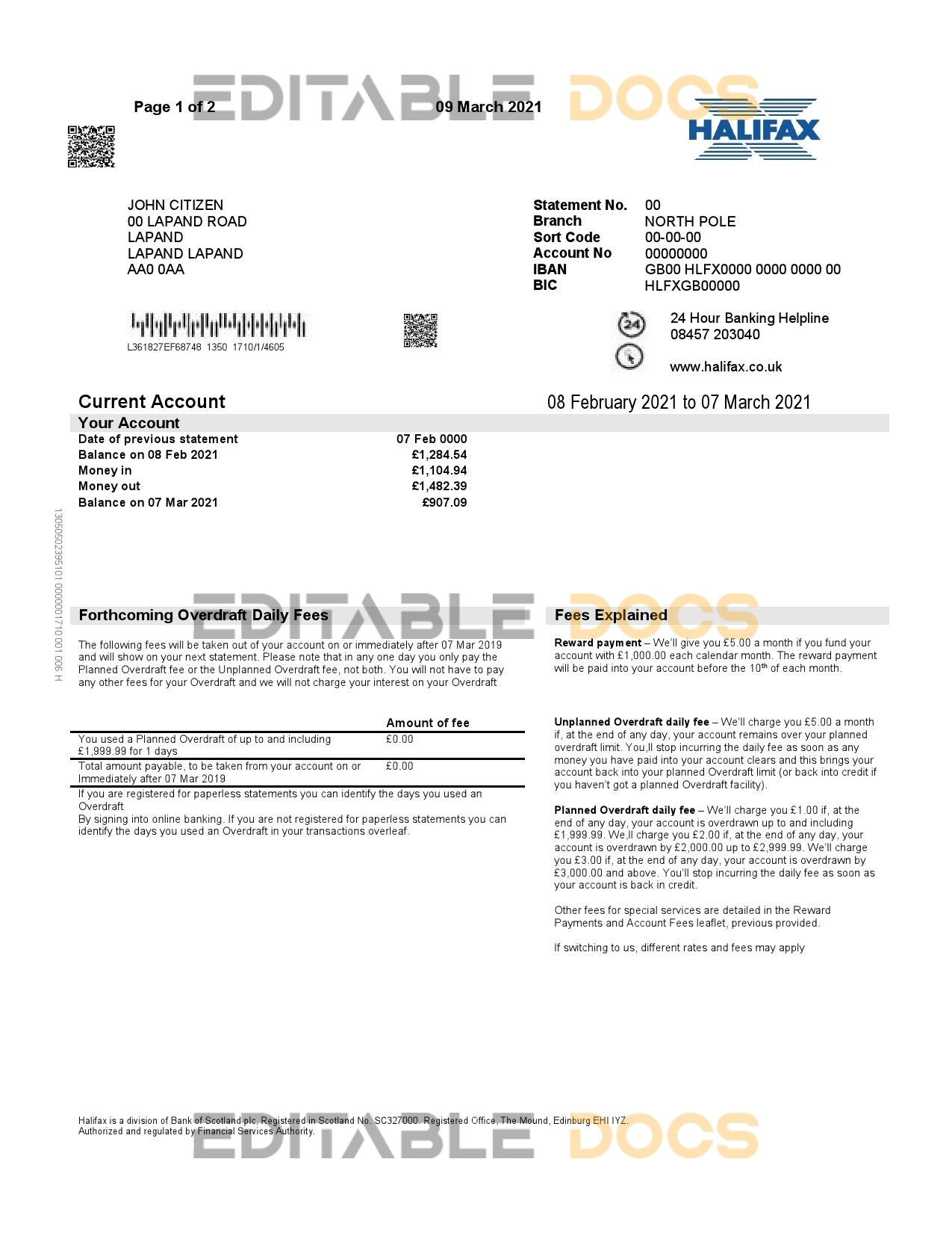 United Kingdom Halifax bank proof of address statement template in Word and PDF format (2 pages)