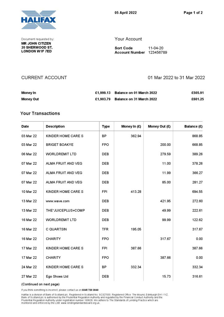 United Kingdom Halifax bank statement Word and PDF template, 2 pages, version 2