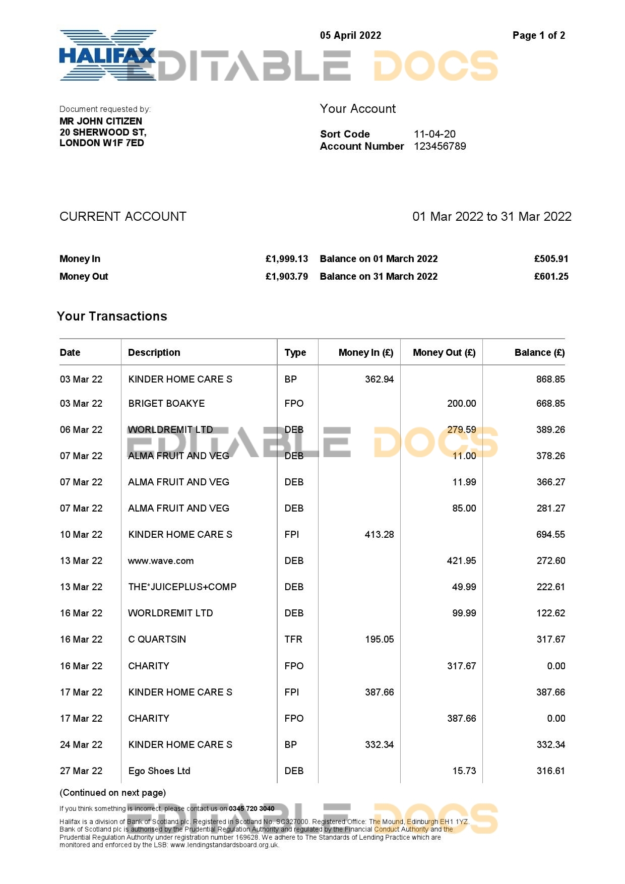 United Kingdom Halifax bank statement Word and PDF template, 2 pages, version 2