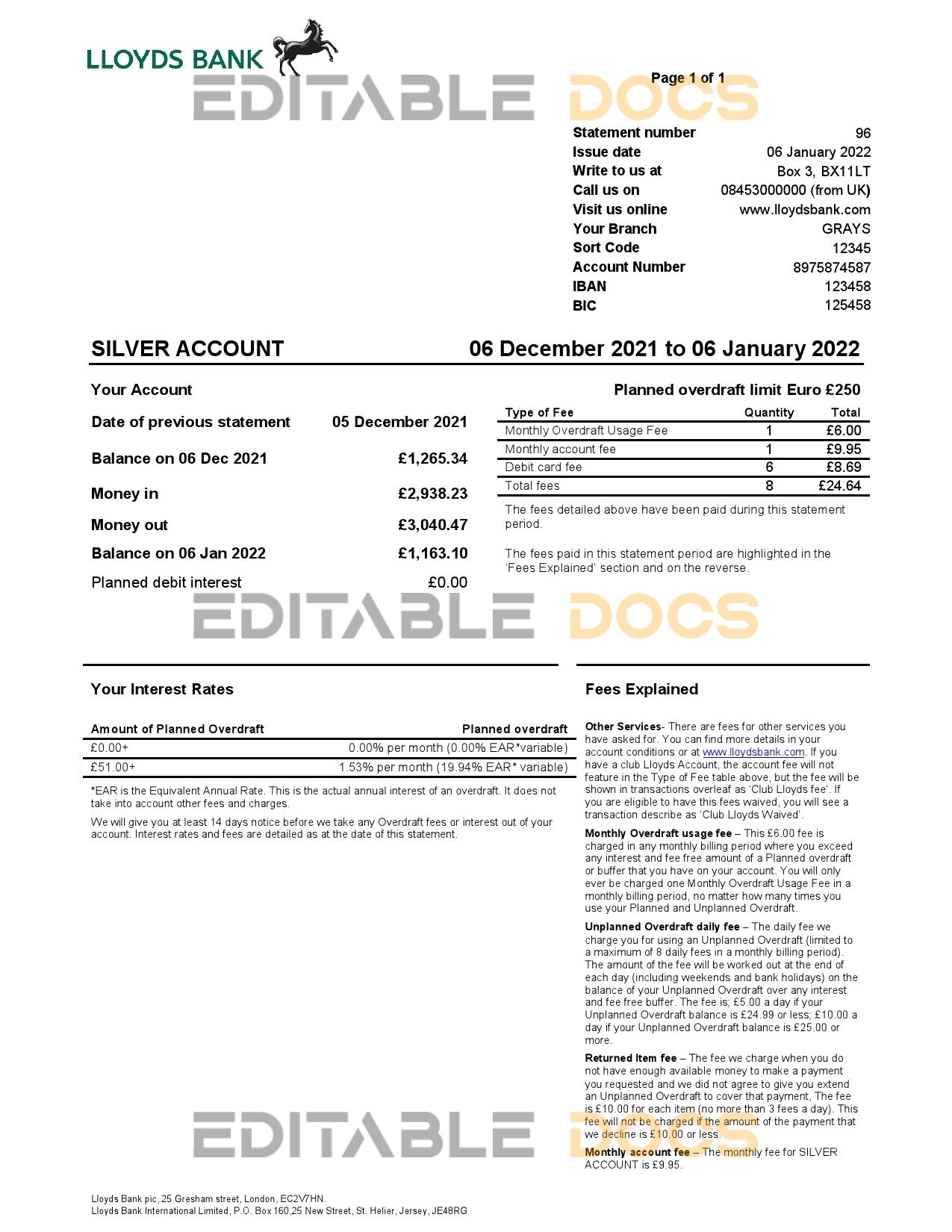 United Kingdom Lloyds bank statement Word and PDF template, version 2