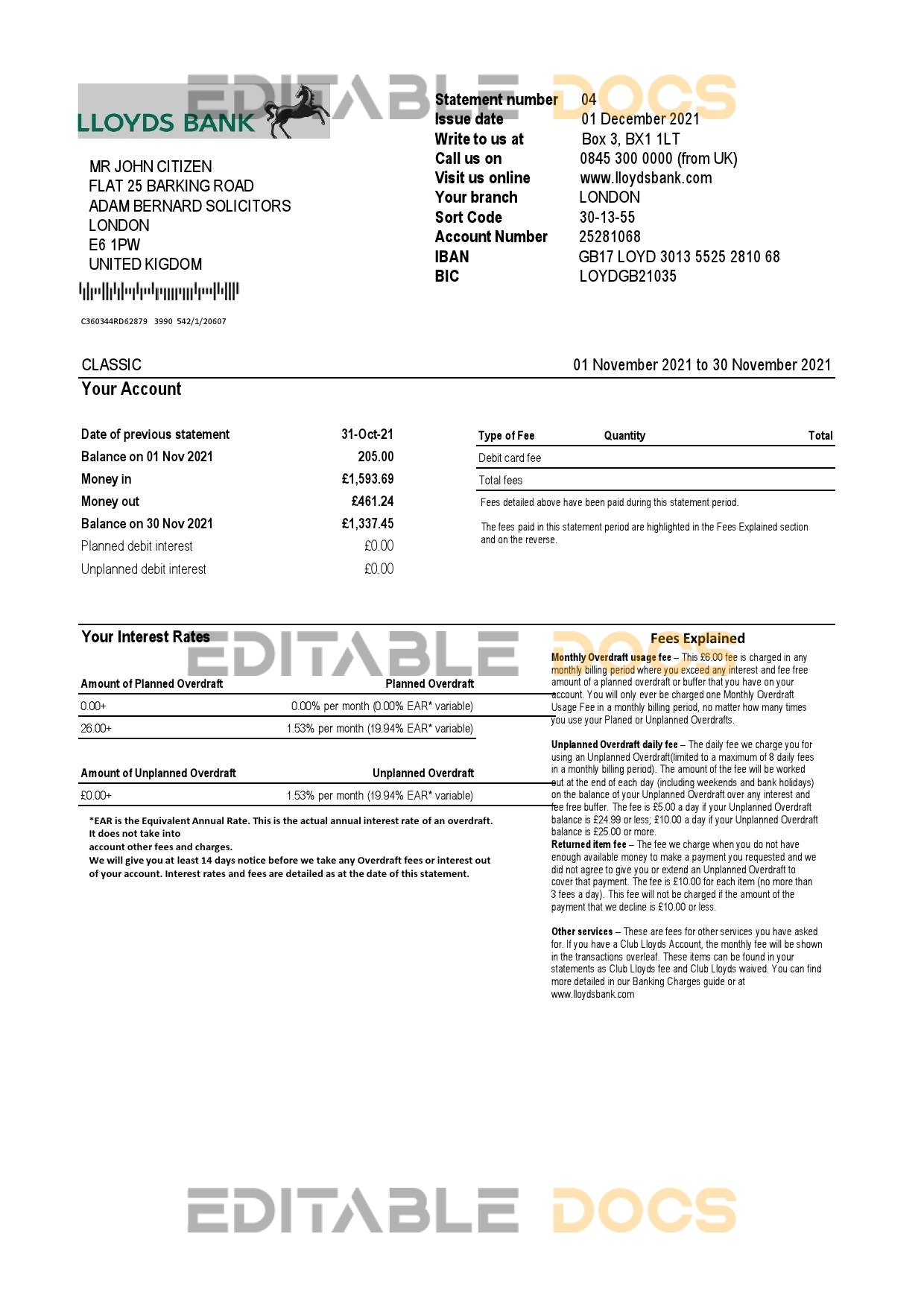 United Kingdom Lloyds bank statement template in Excel and PDF format (2 pages)