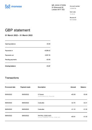 England Editable Templates 2 United Kingdom Monese bank statement Word and PDF template, 3 pages