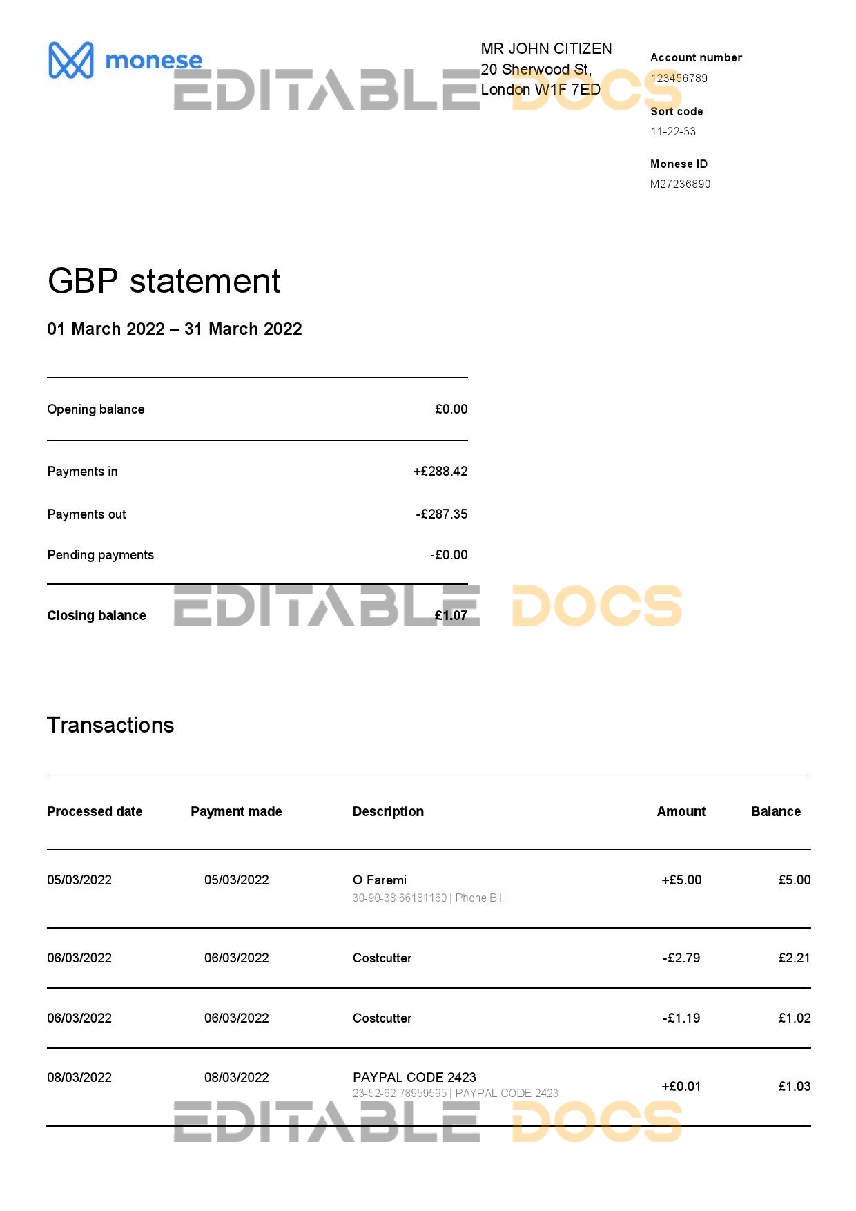 United Kingdom Monese bank statement Word and PDF template, 3 pages