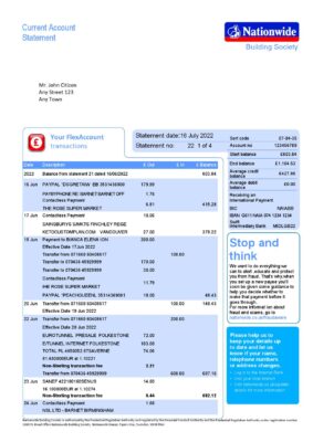United Kingdom Nationwide bank statement, Word and PDF template, 5 pages, version 2
