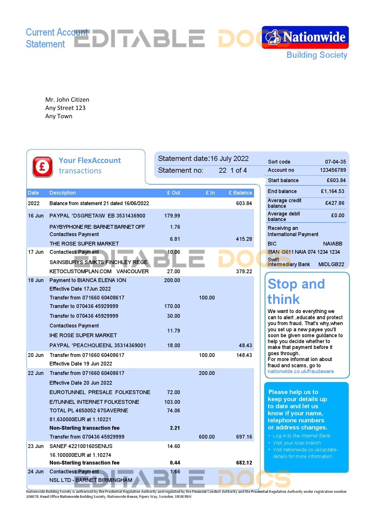 United Kingdom Nationwide bank statement, Word and PDF template, 5 pages, version 2