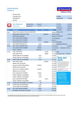United Kingdom Nationwide bank statement template in .xls and .pdf format (5 pages)