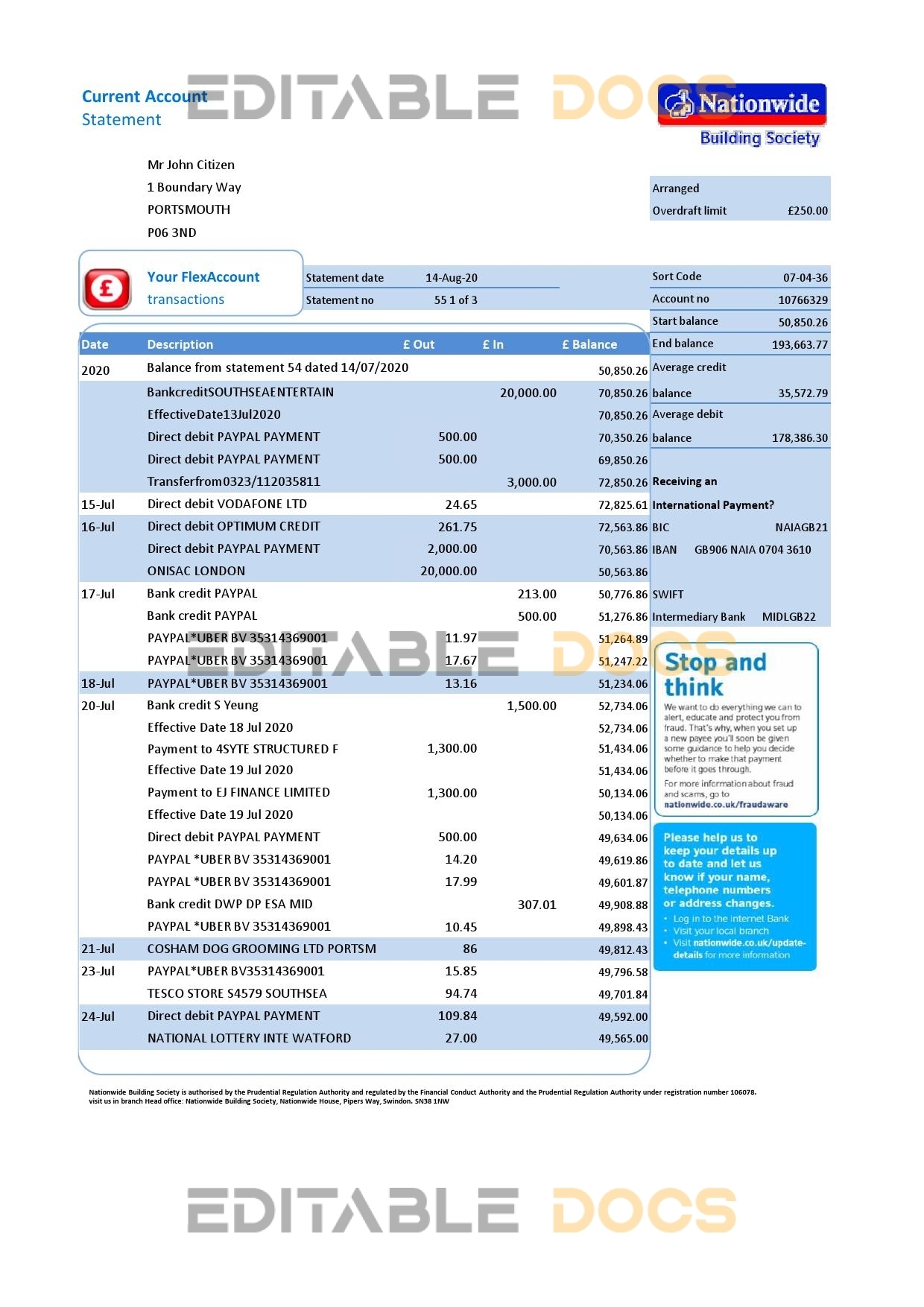United Kingdom Nationwide bank statement template in .xls and .pdf format (5 pages)