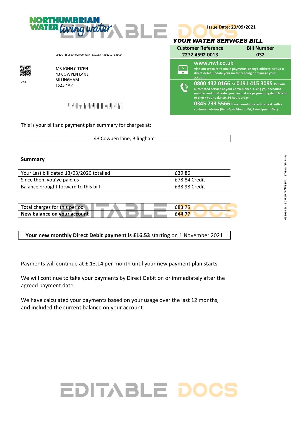 United Kingdom Northumbrian Water utility bill template in Word and PDF format, version 1