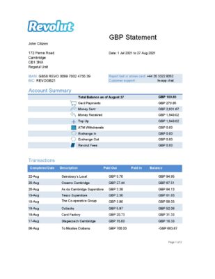 United Kingdom Revolut Bank statement easy to fill template in Excel and PDF format (3 pages)