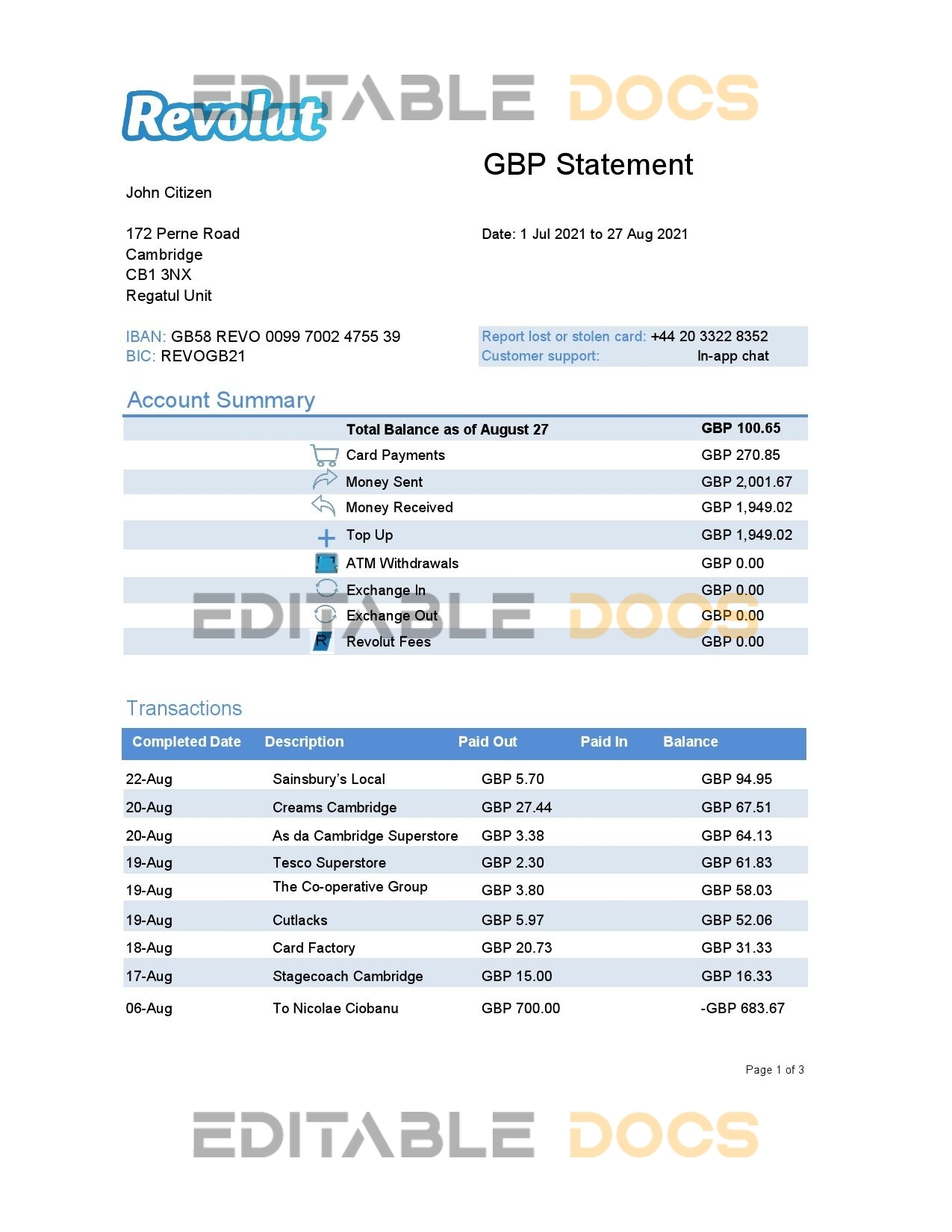 United Kingdom Revolut Bank statement easy to fill template in Excel and PDF format (3 pages)