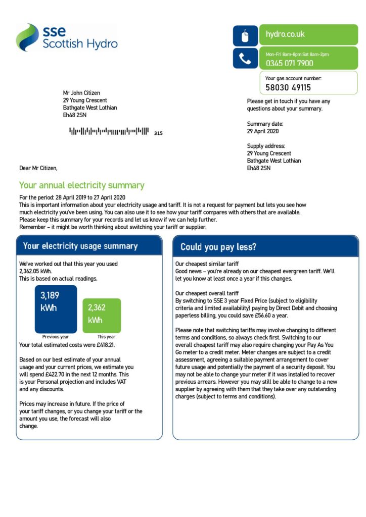 United Kingdom SSE Energy utility bill template in Word and PDF format, version 2