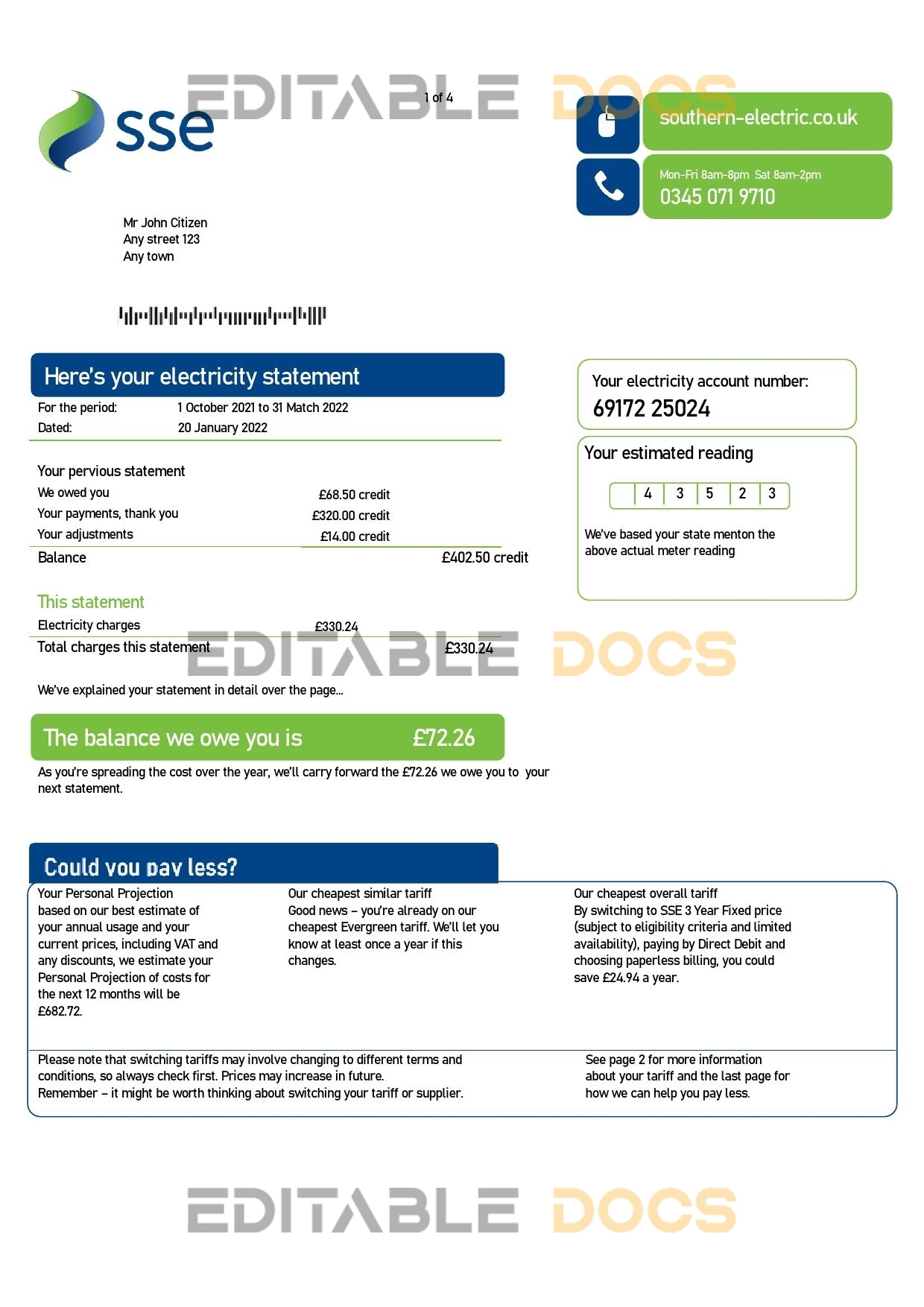 United Kingdom SSE Energy utility bill, Word and PDF template, 4 pages