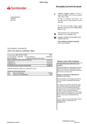 United Kingdom Santander bank statement Word and PDF template, 3 pages, version 1