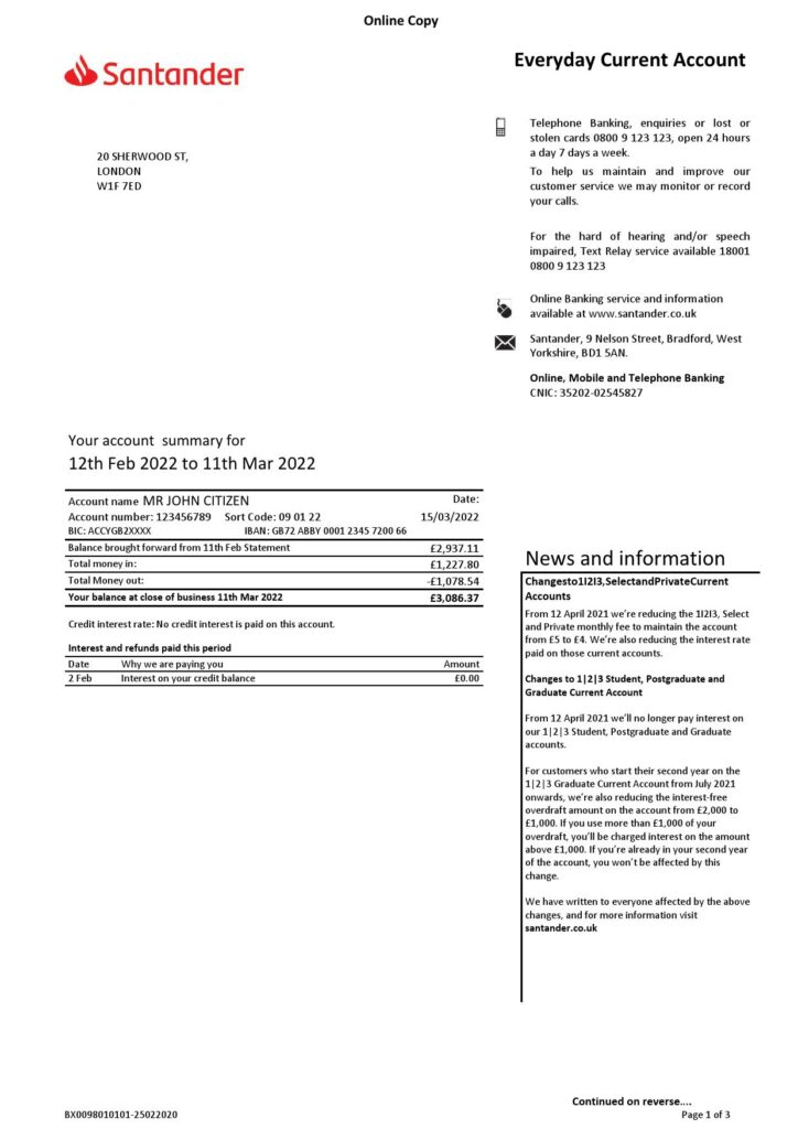 United Kingdom Santander bank statement Word and PDF template, 3 pages, version 1 1
