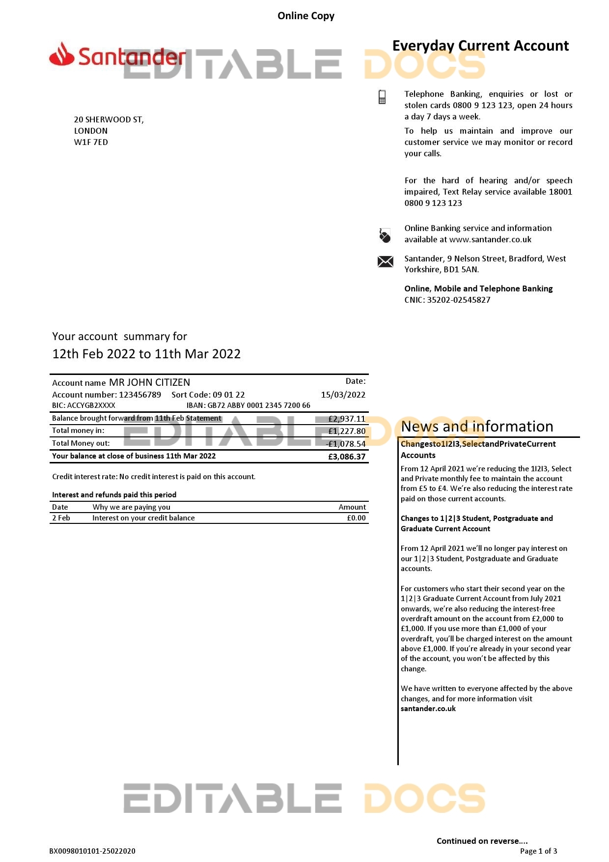 United Kingdom Santander bank statement Word and PDF template, 3 pages, version 1