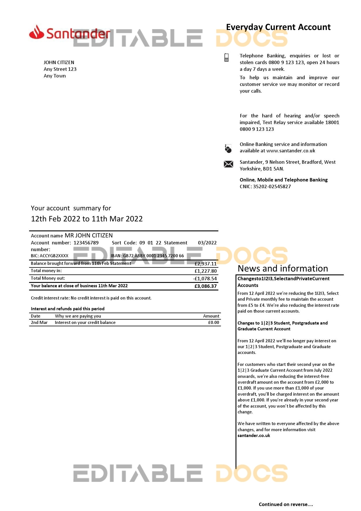 United Kingdom Santander bank statement Word and PDF template, 3 pages, version 2
