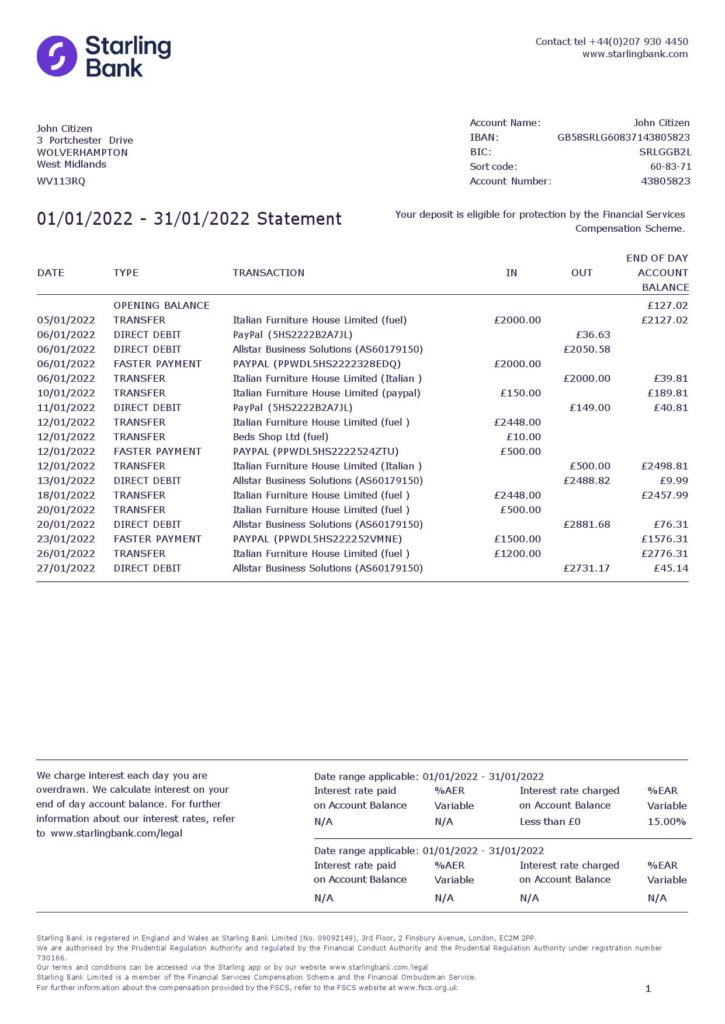 United Kingdom Starling Word and PDF template, version 2