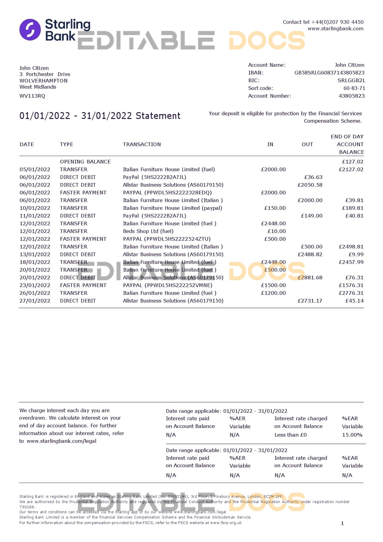 United Kingdom Starling Word and PDF template, version 2