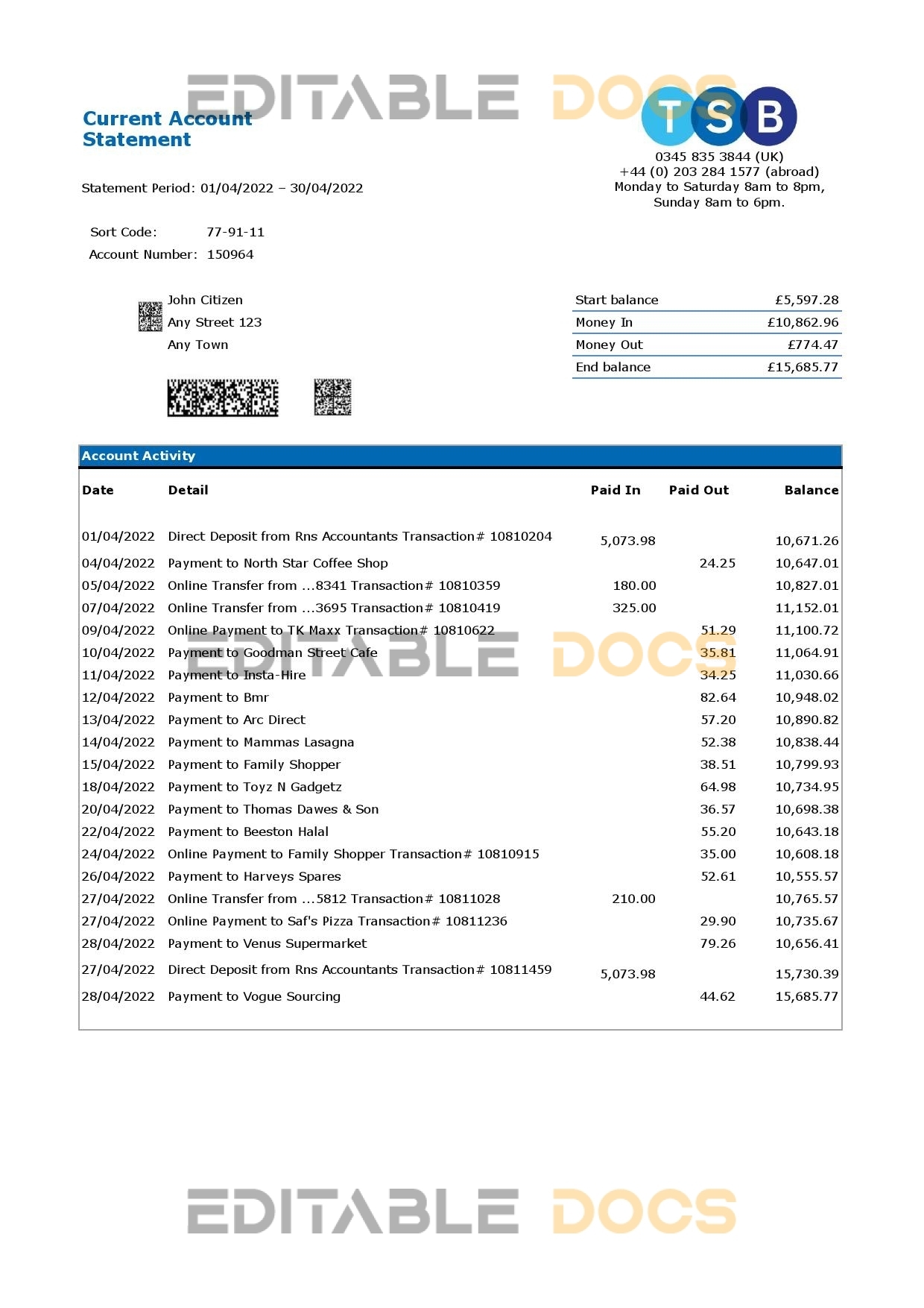 United Kingdom TSB bank statement, Excel and PDF template