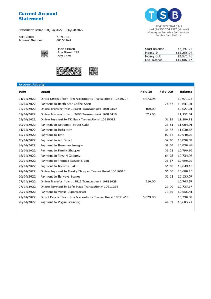 United Kingdom TSB bank statement, Word and PDF template