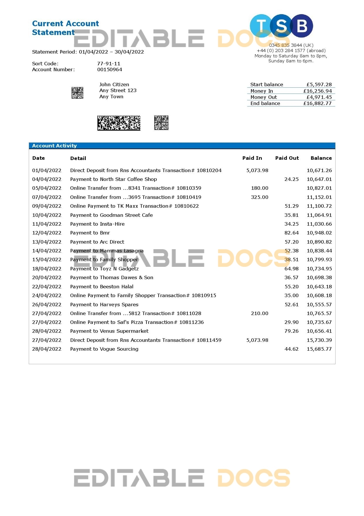 United Kingdom TSB bank statement, Word and PDF template