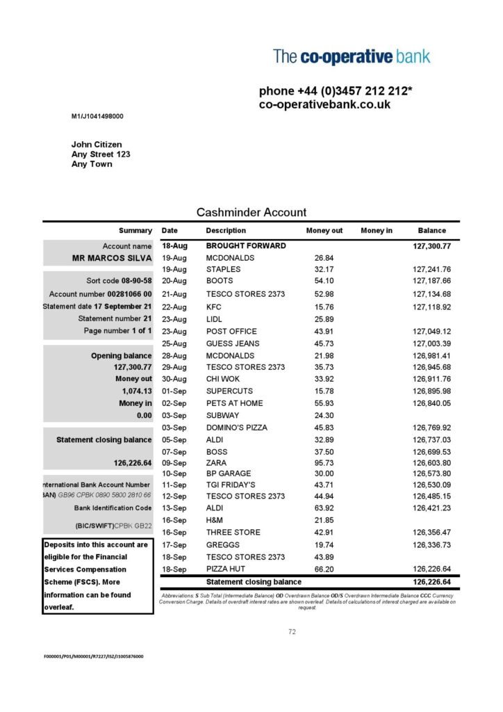 United Kingdom The Co-operative bank statement in Excel and PDF format
