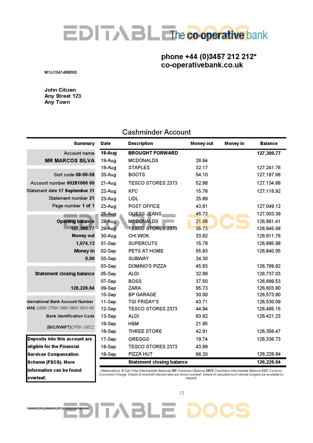 United Kingdom The Co-operative bank statement in Excel and PDF format