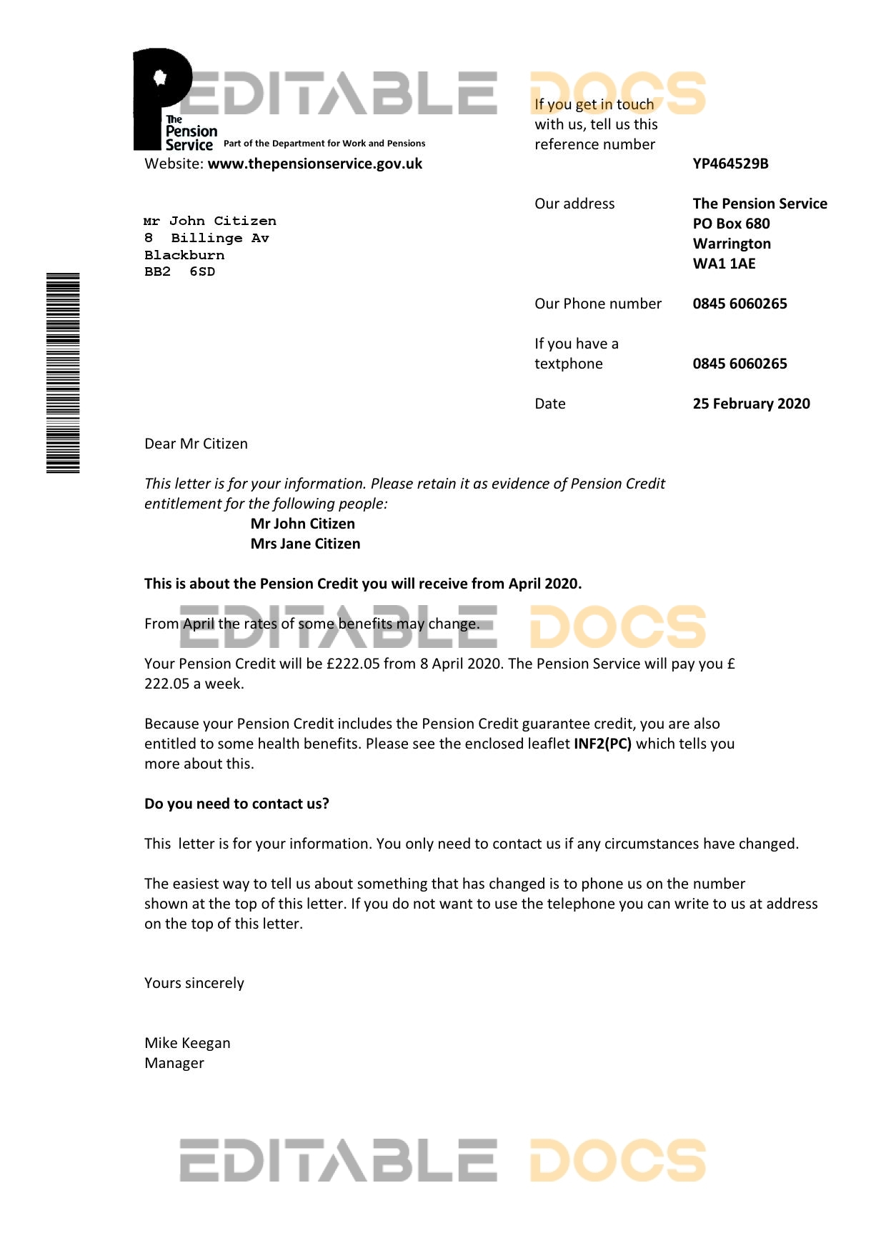 United Kingdom The Pension Service bank proof of address statement template in Word and PDF format